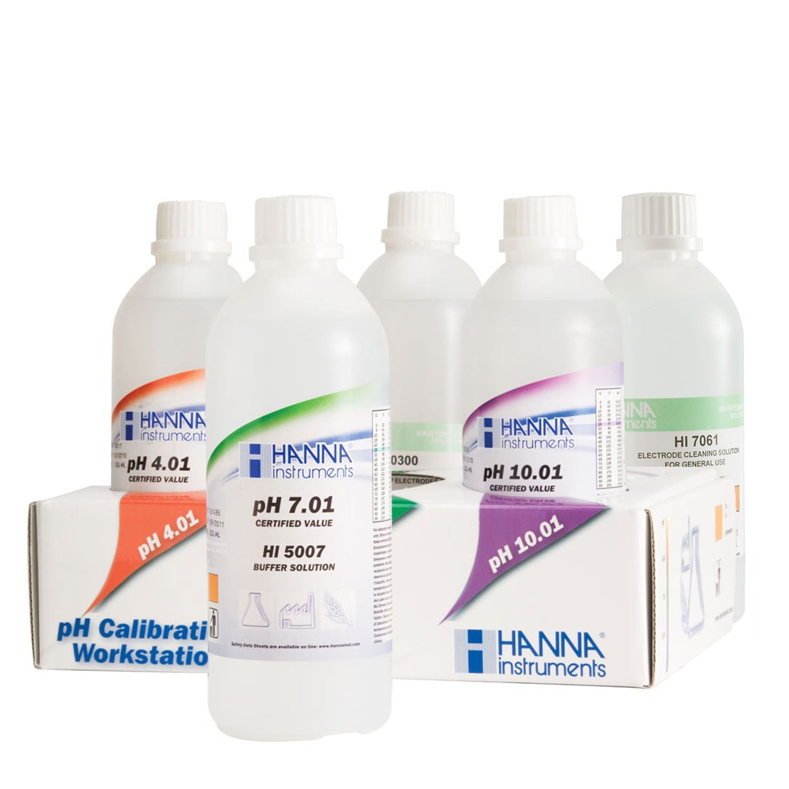 Kombipack Kalibrierlösung pH 4,01;7,01;10,01, Aufbewahrungs- & Reinigungslösung, 5x500mL