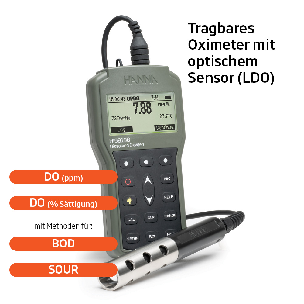 Professionelles Handmessgerät für die optische Sauerstoffmessung - HI98198