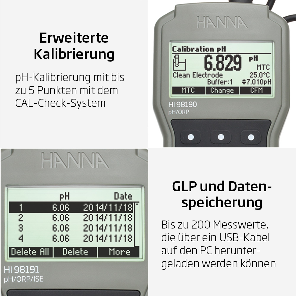 Professionelles Handmessgerät für pH, Redoxpotential und ISE - HI98191